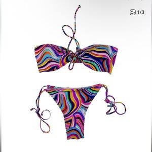 White Fox Boutique - Bandeau Top and String Tie Bikini Set in Wavy Multicolor
